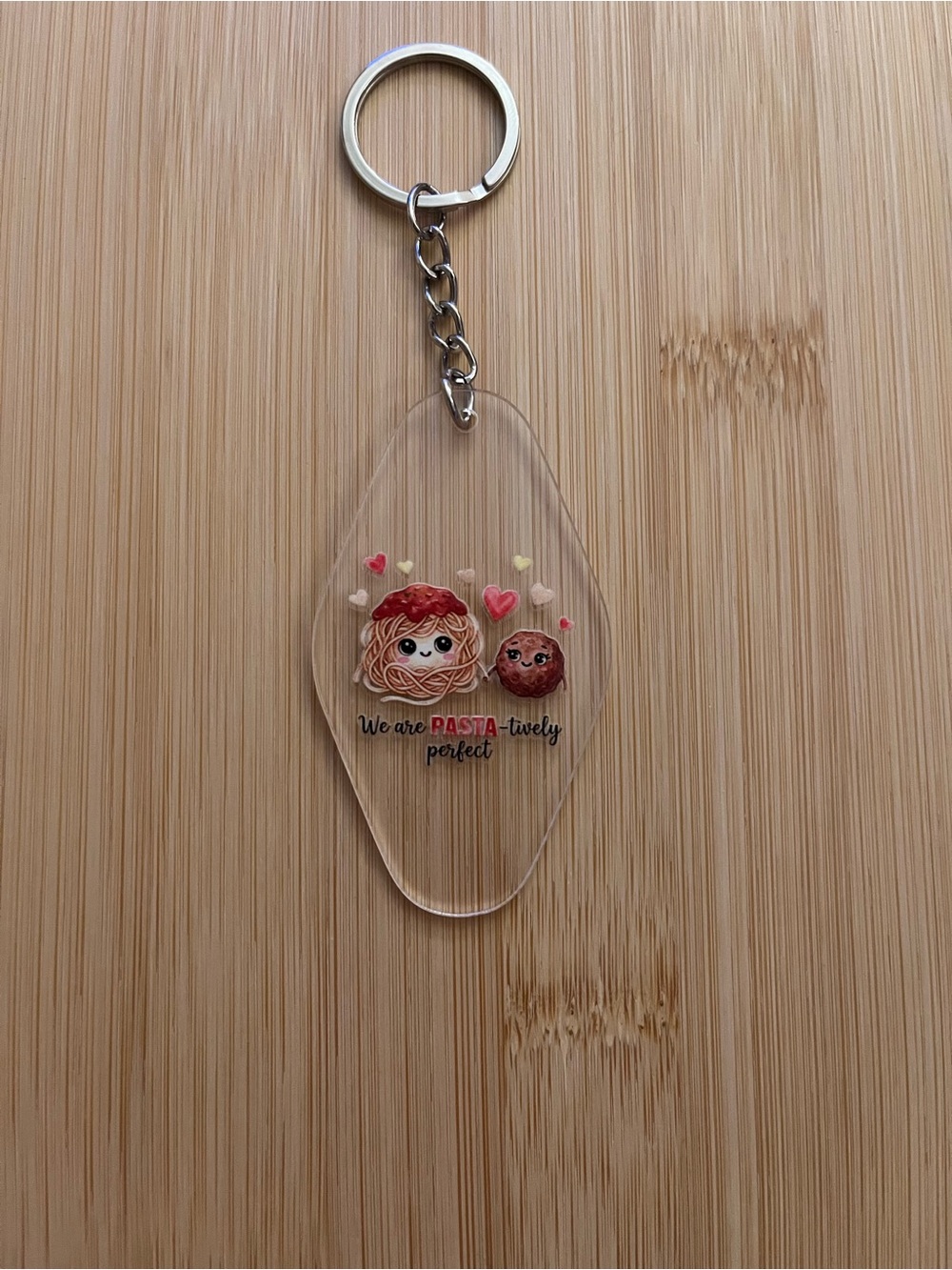 Cute Pasta & Meatball Acrylic Keychain - Clear with Red Accents